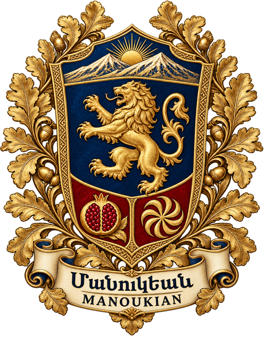Our family crest: a golden lion below Mount Ararat, with a pomegranate and eternity symbol, framed by oak leaves and a scroll bearing our surname in Armenian and English.